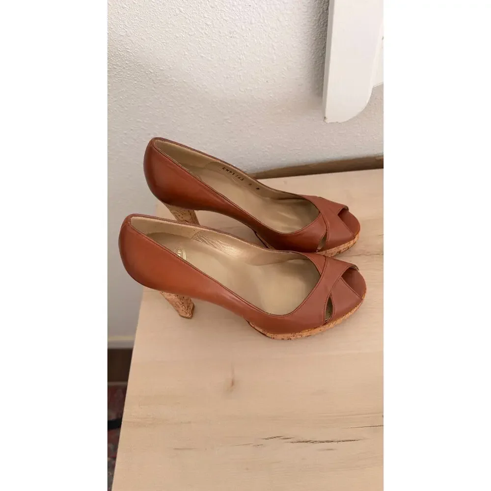 Stuart Weitzman Brown Leather Peep Toe Platform Pumps  Heel Designer Heels 8